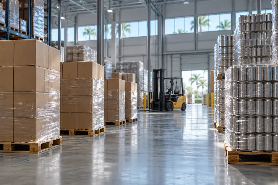 Warehouse with pallets of cases and cans