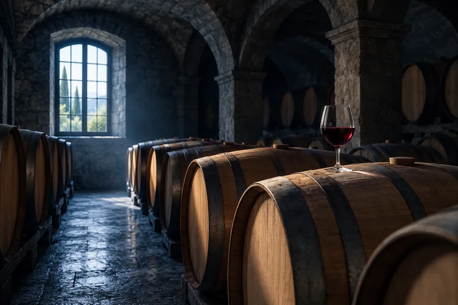 Barricas de roble en una bodega de piedra, con una copa de vino tinto