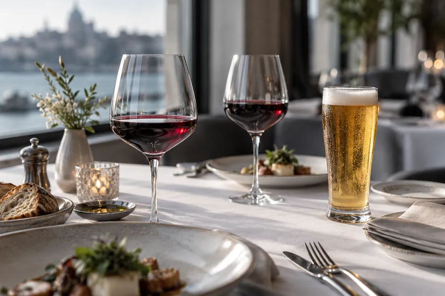 Restaurant table with red wine and lager