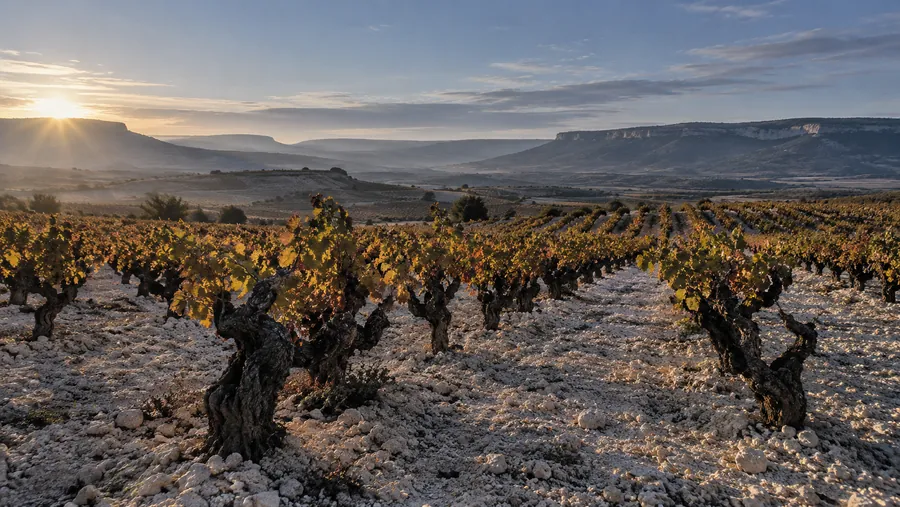 Old vines on pale limestone soil at sunrise